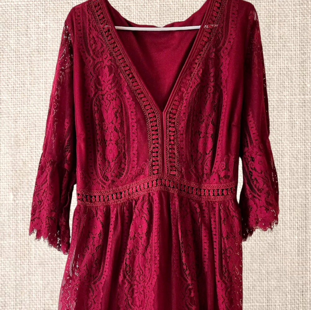 Cranberry Red Lace Maxi Dress Event Holiday Wedding V-neck Ruffled Sleeve Plus - Picture 7 of 11